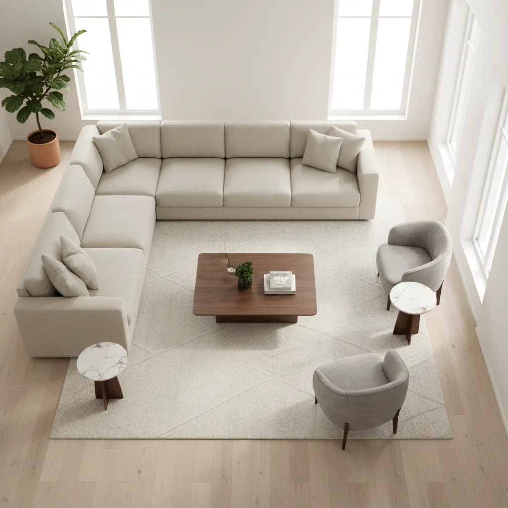 Living room layout planning with furniture placement visualization
