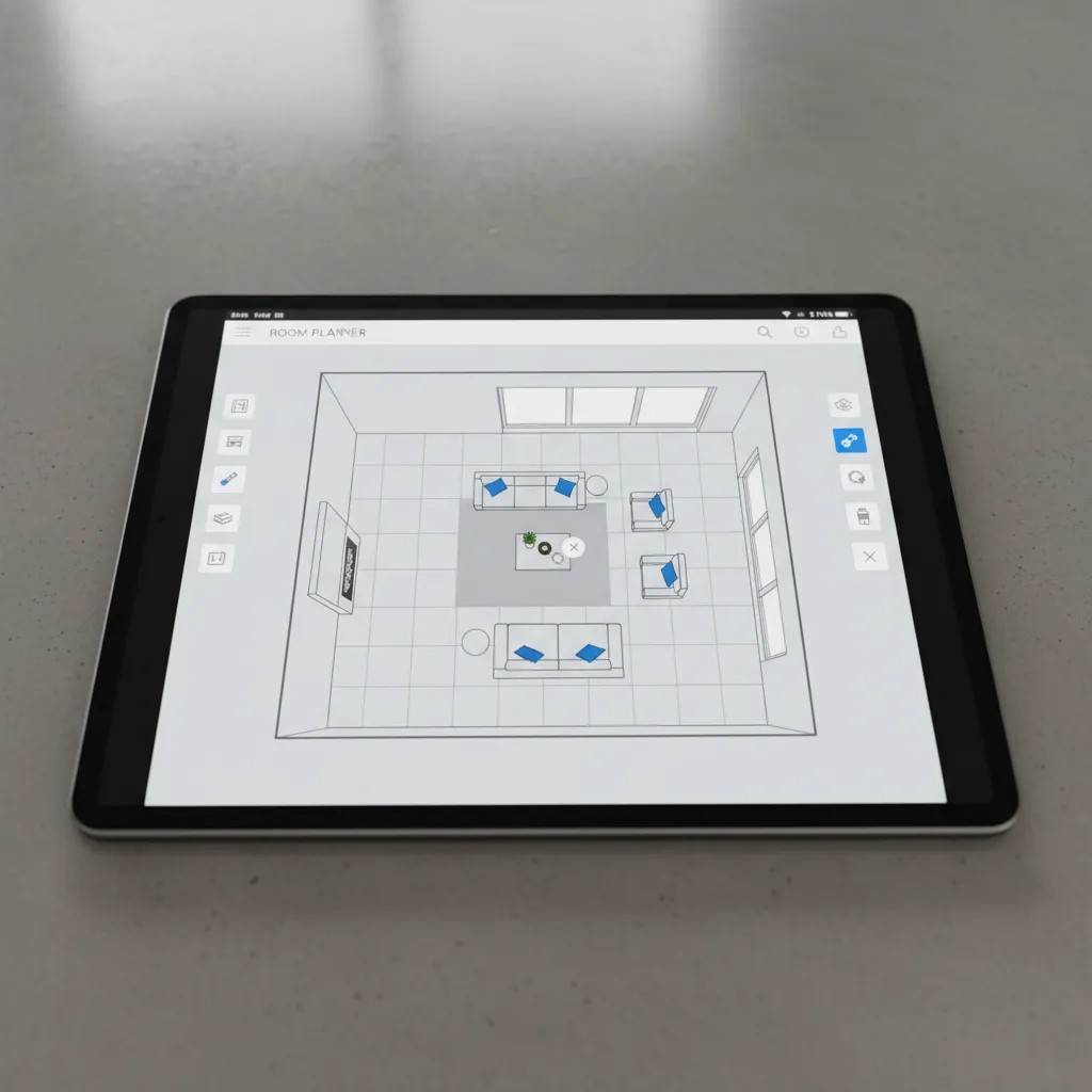 Living room layout design displayed in a digital room planner interface