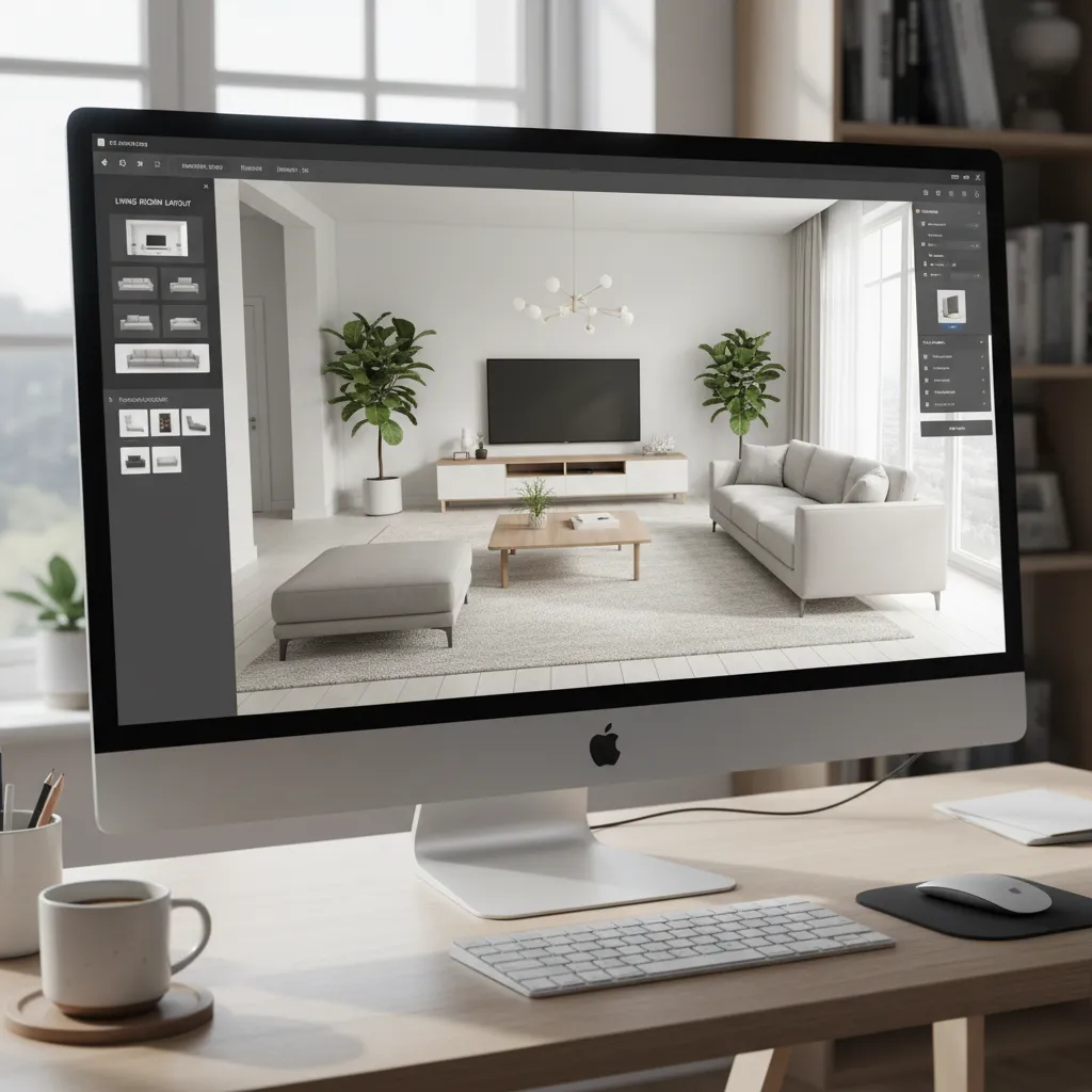 Digital room planner software displaying a living room layout with sofa coffee table and rug