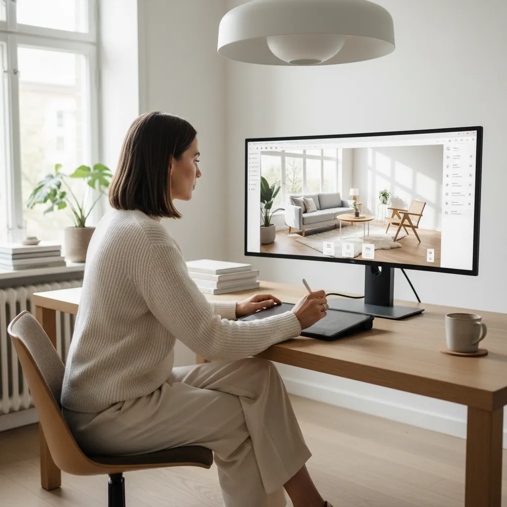 Diseñador organizando muebles en un planificador digital de habitaciones