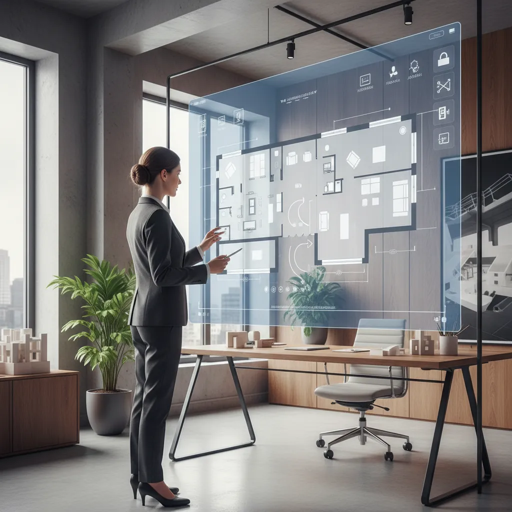 Woman in suit using a large digital screen to edit room layout floor plan design