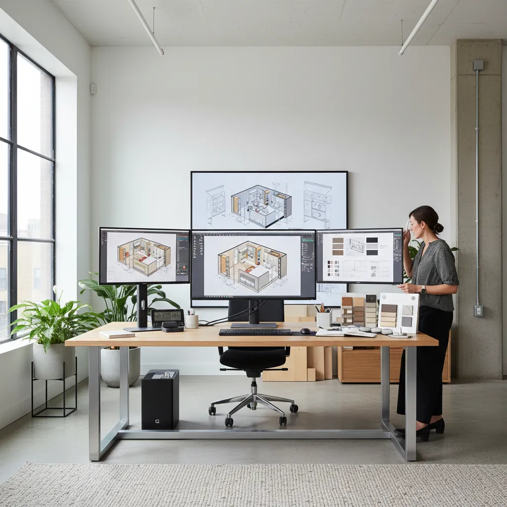 Designer using three monitors to create interior design drawings while standing at a wooden desk