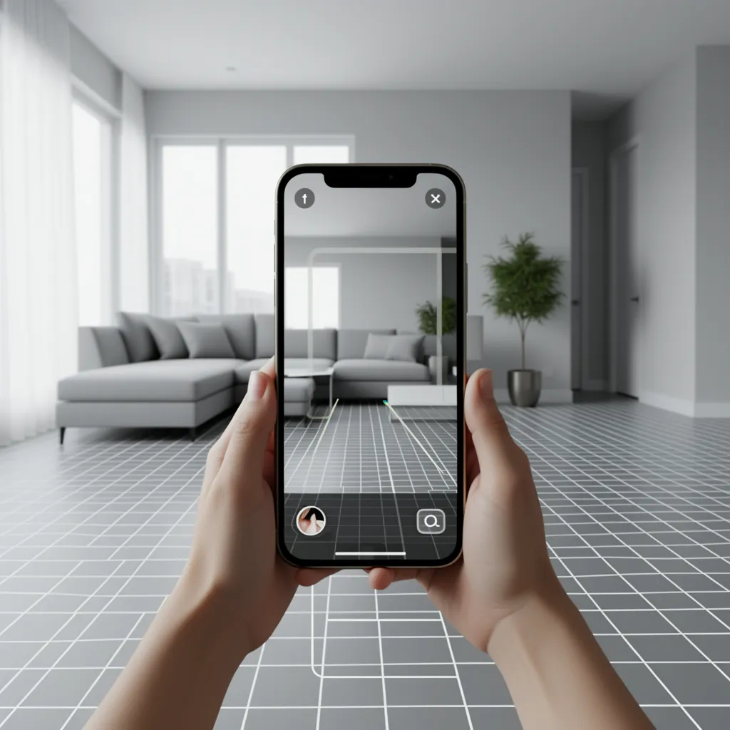 Smartphone scanning a living room for a furniture rearranging app layout