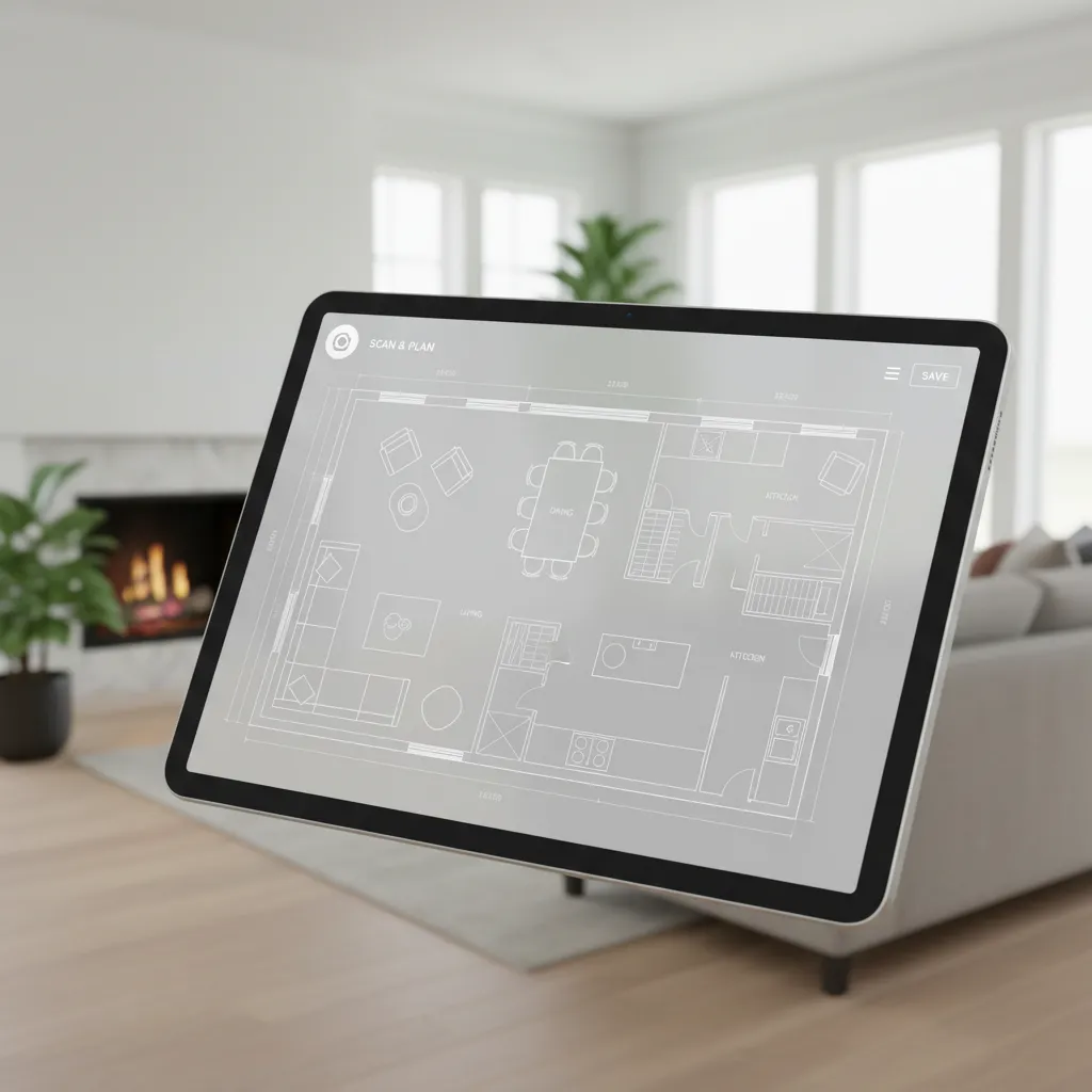 Interior design app generating a digital floor plan from a scanned room