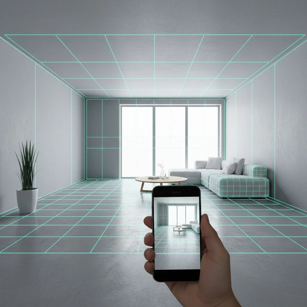 Smartphone scanning a living room with augmented reality grid mapping walls and furniture
