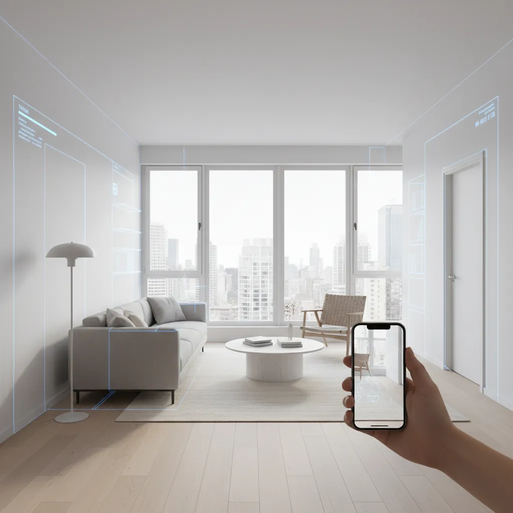 Person scanning a living room using a smartphone floor plan app