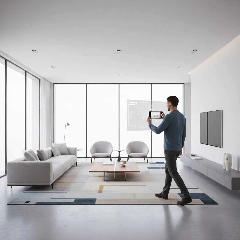 Person slowly walking around a room scanning walls with a phone for interior design app