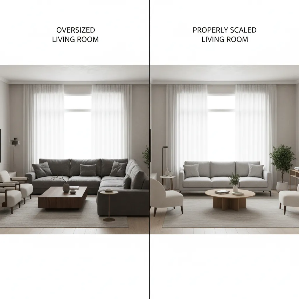 comparison showing oversized living room and well-proportioned living room furniture layout