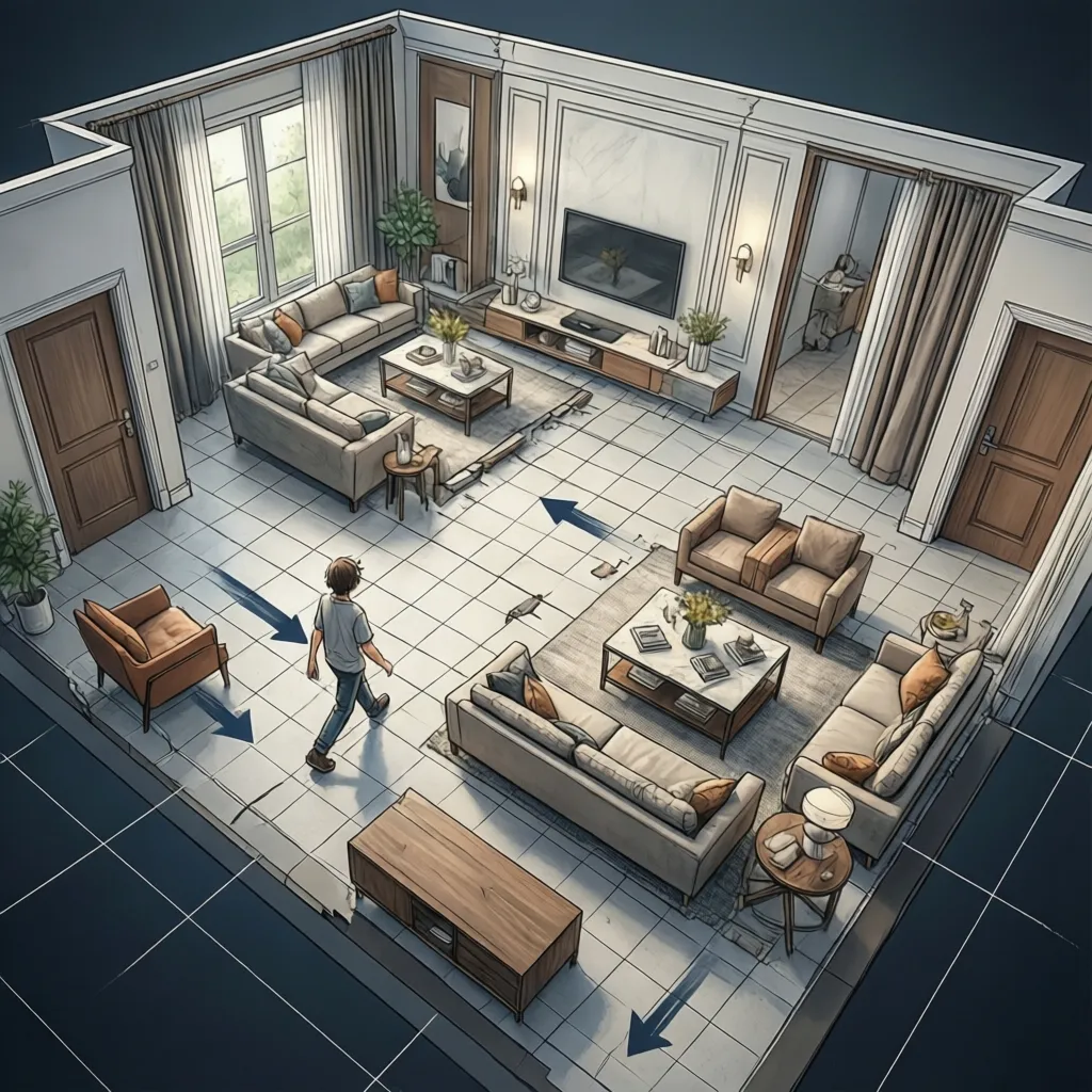 living room floor plan with arrows showing clear walking paths