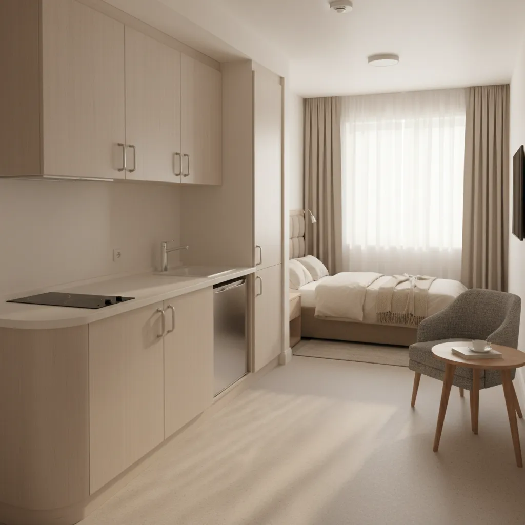 Small studio apartment with light wood kitchen cabinets, a comfortable bed, gray chair, and window