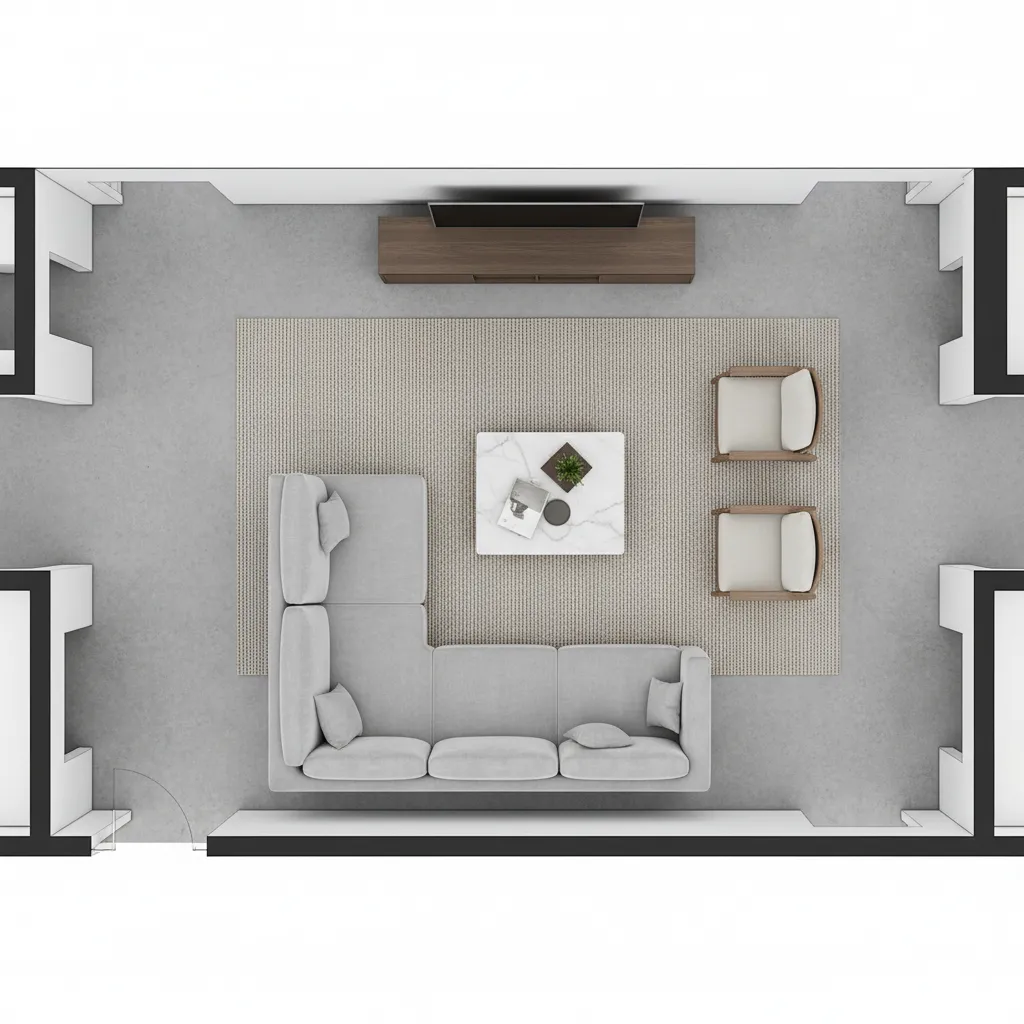 living room zoning layout showing seating area walkway and furniture placement