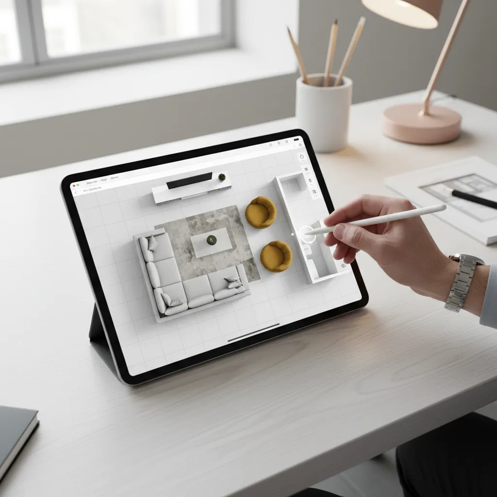 Tablet showing a 3D floor planner app creating a living room layout