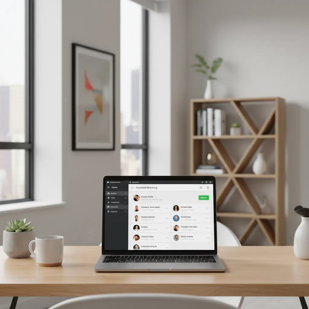 Laptop displaying roommate matching app with apartment background