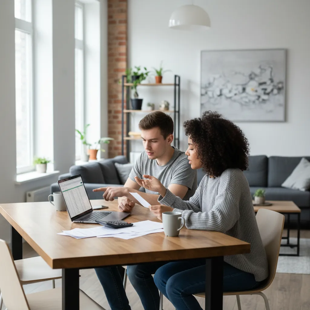 Roommates reviewing shared utility bills in apartment