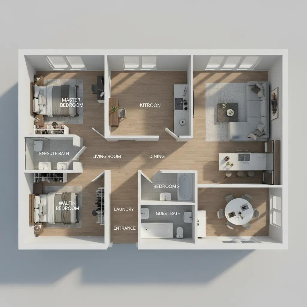 detailed 3D floor plan with furniture and room labels for interior design presentation