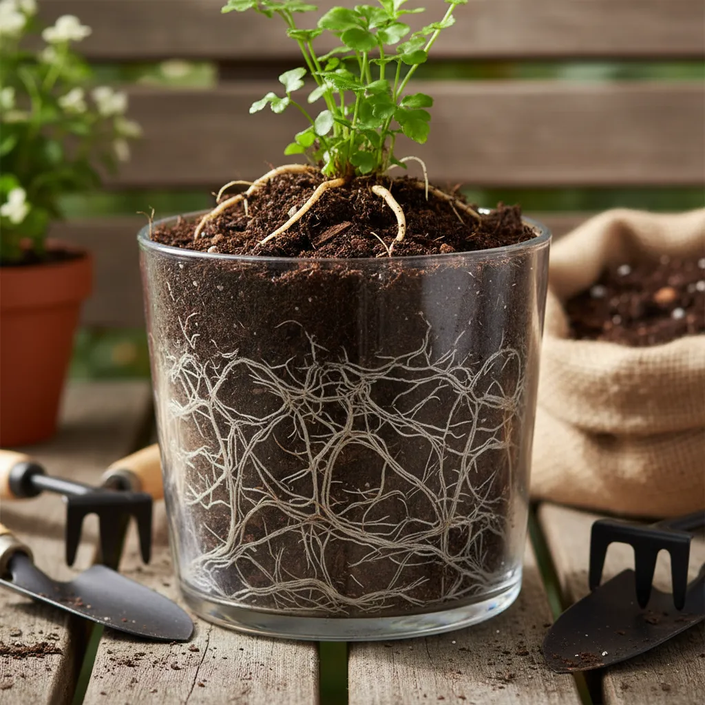 Root bound plant in container showing dense roots and compact soil