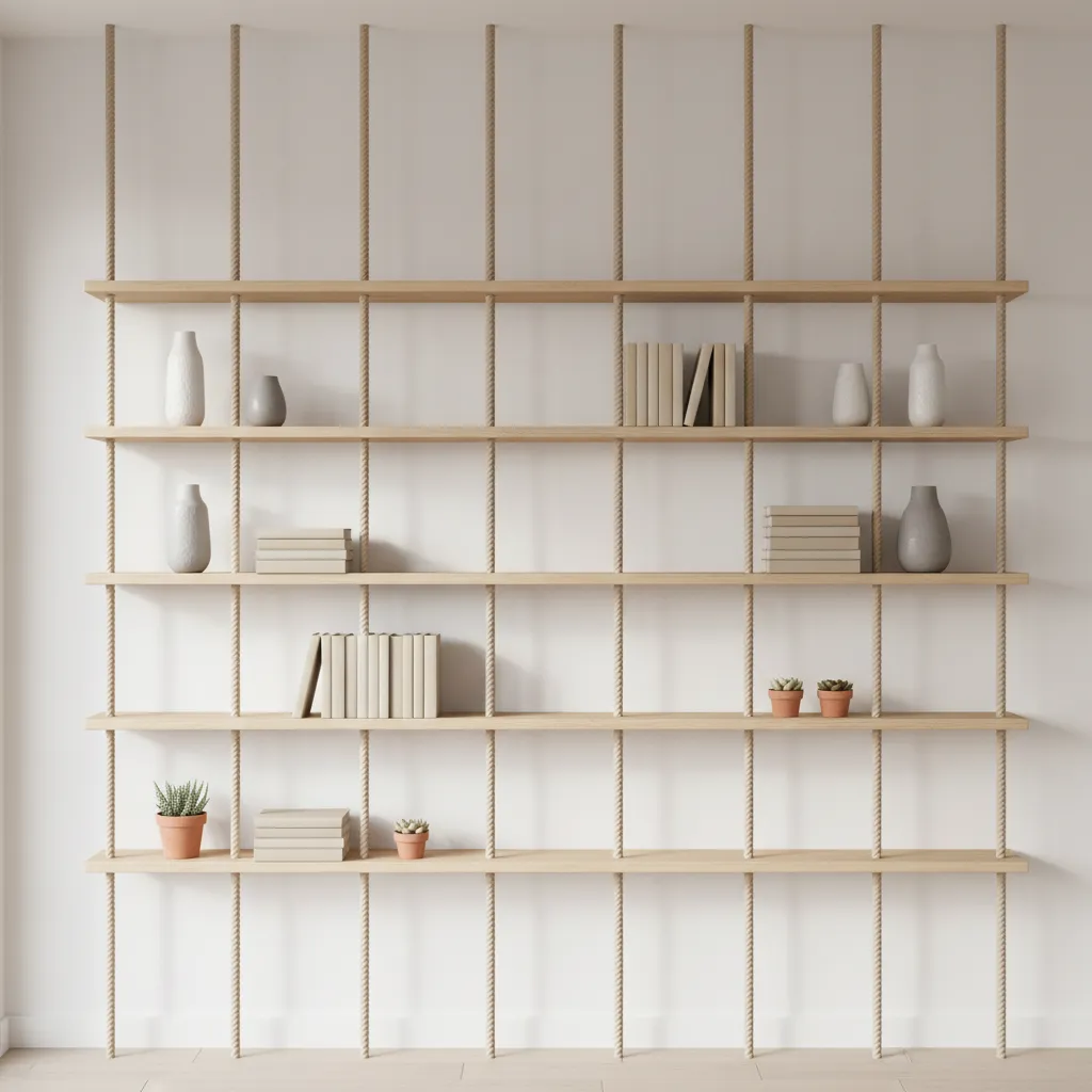 vertical rope grid wall shelving system with wood planks