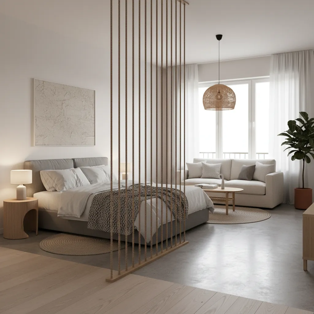 Rope divider separating sleeping and living area in small studio