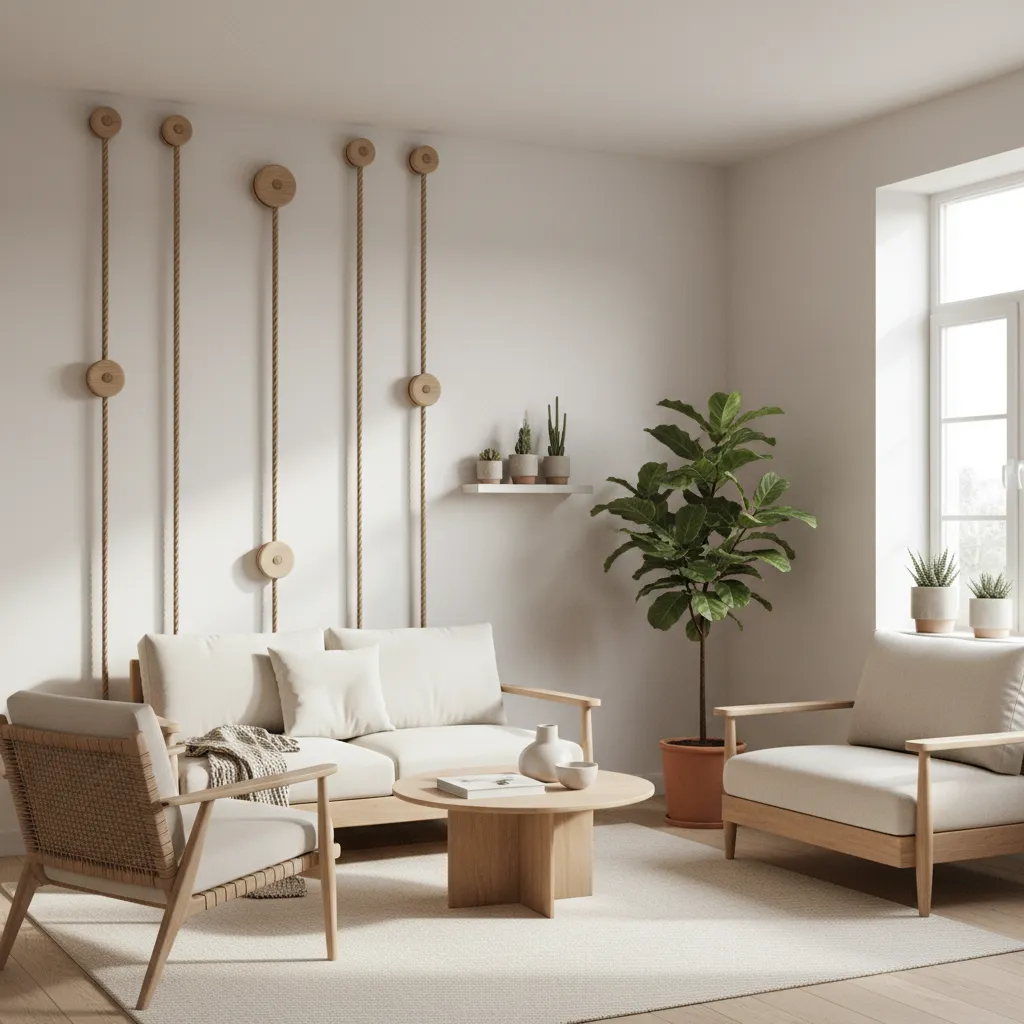 minimalist rope wall decor in small apartment living room