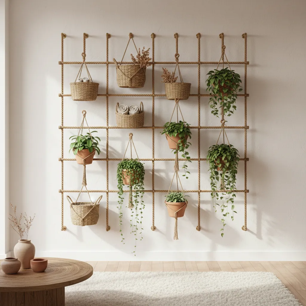 rope wall hanging system with plants and baskets
