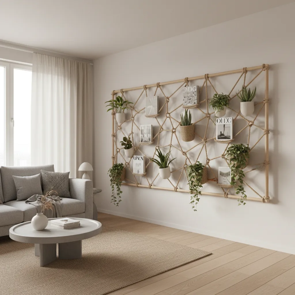Decorative rope wall system holding plants and magazines