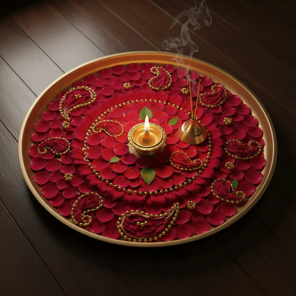 Rose petal rangoli style decoration on pooja thali