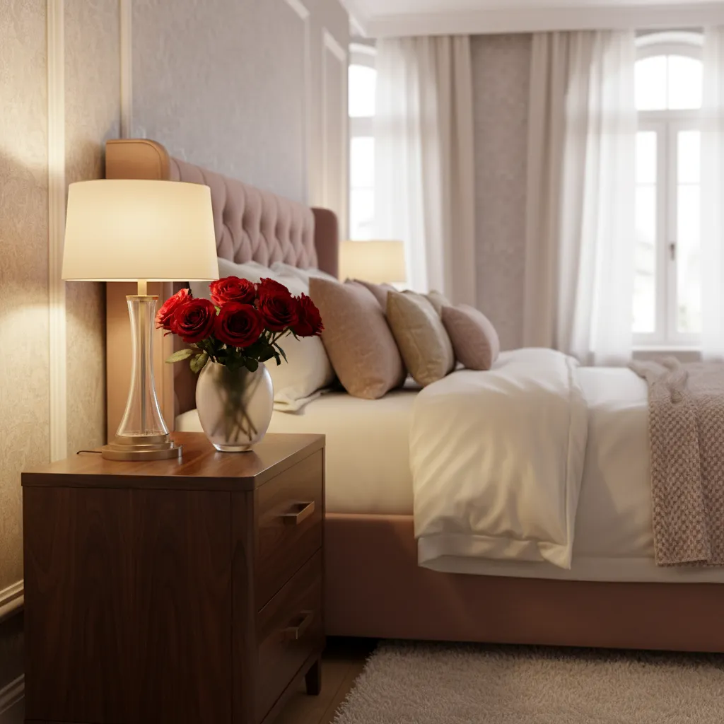Fresh roses on bedside table in romantic bedroom setting