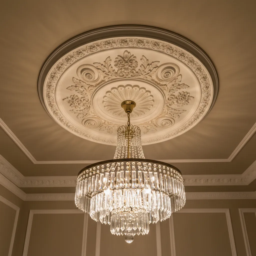 Rosetón de poliestireno decorativo instalado alrededor de una lámpara