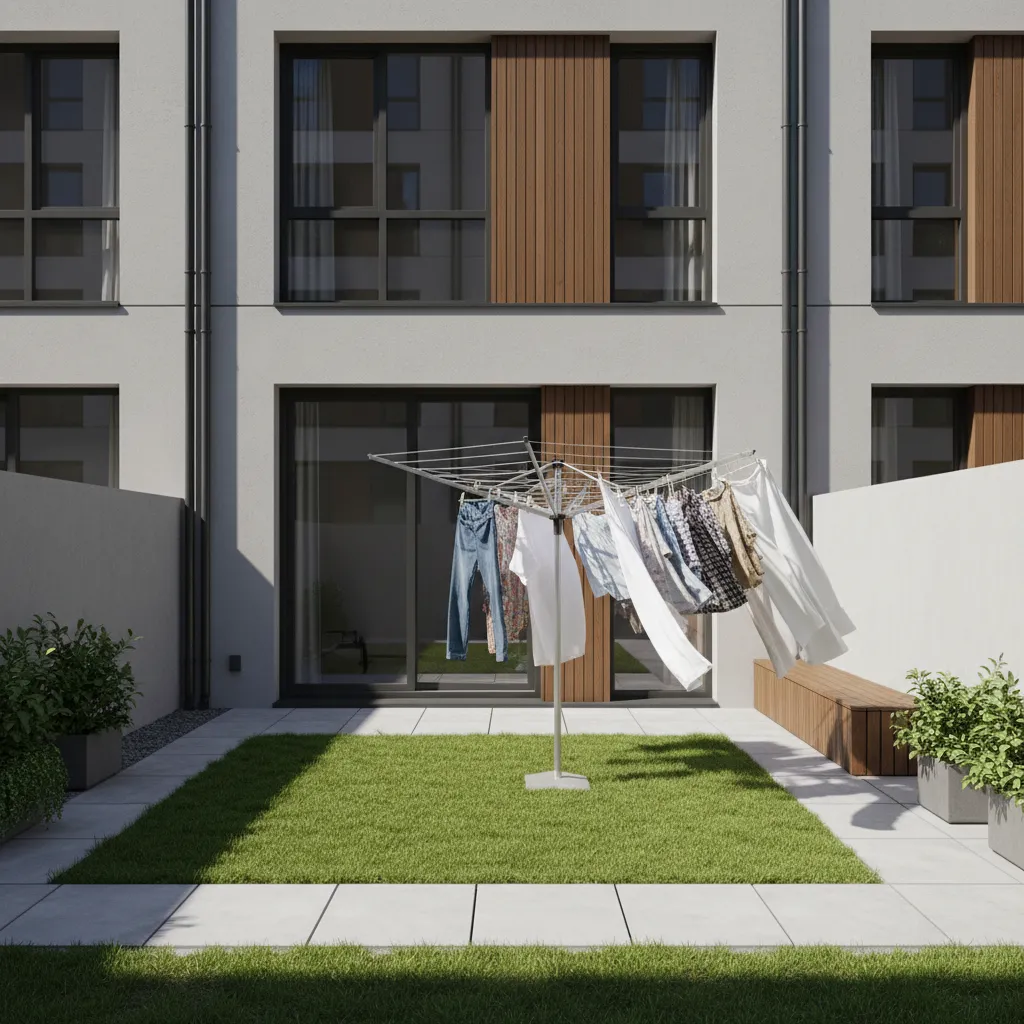 Compact rotary outdoor clothesline in small urban yard