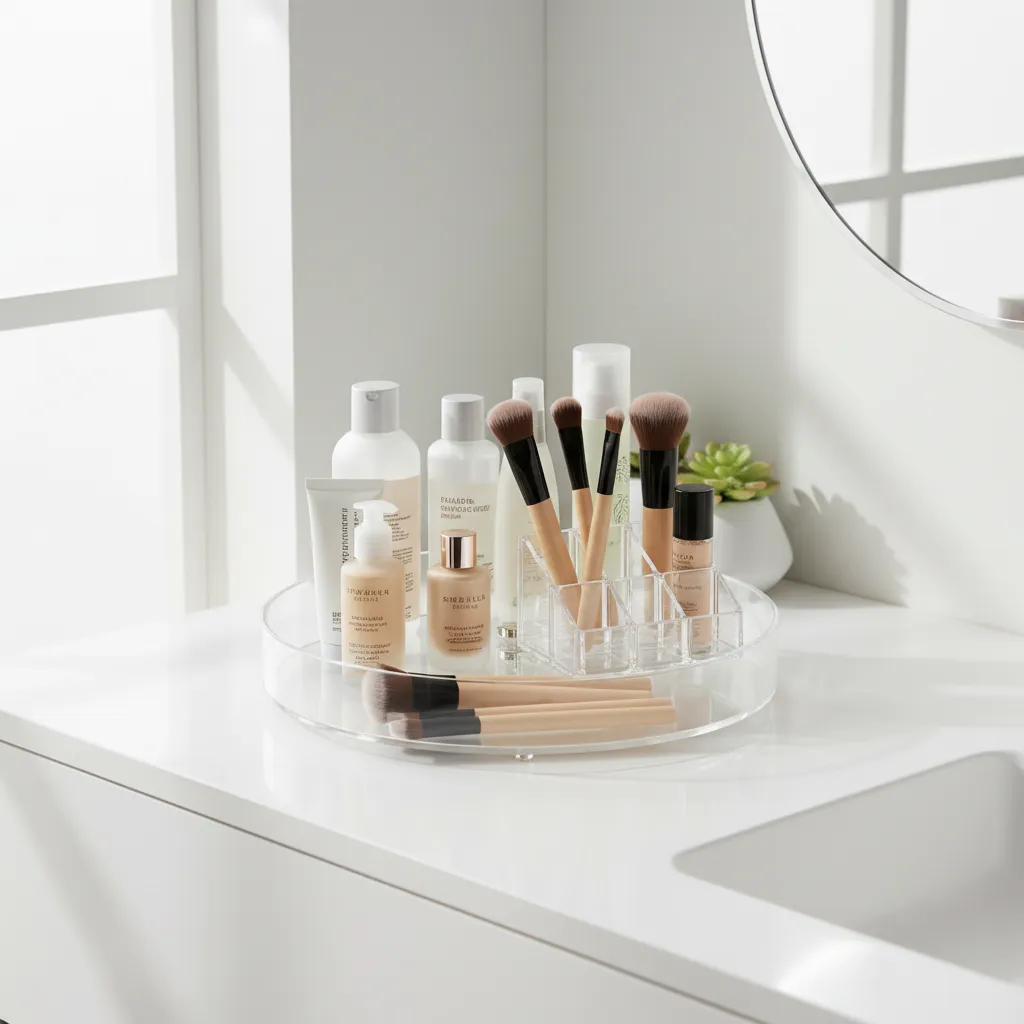 Rotating makeup organizer tray with foundation bottles skincare and brushes