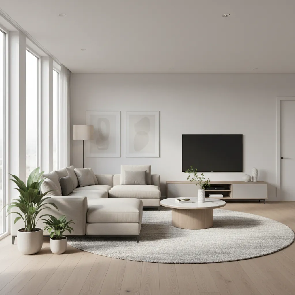 Minimalist living room with beige sofa round center table television cabinet and round area rug