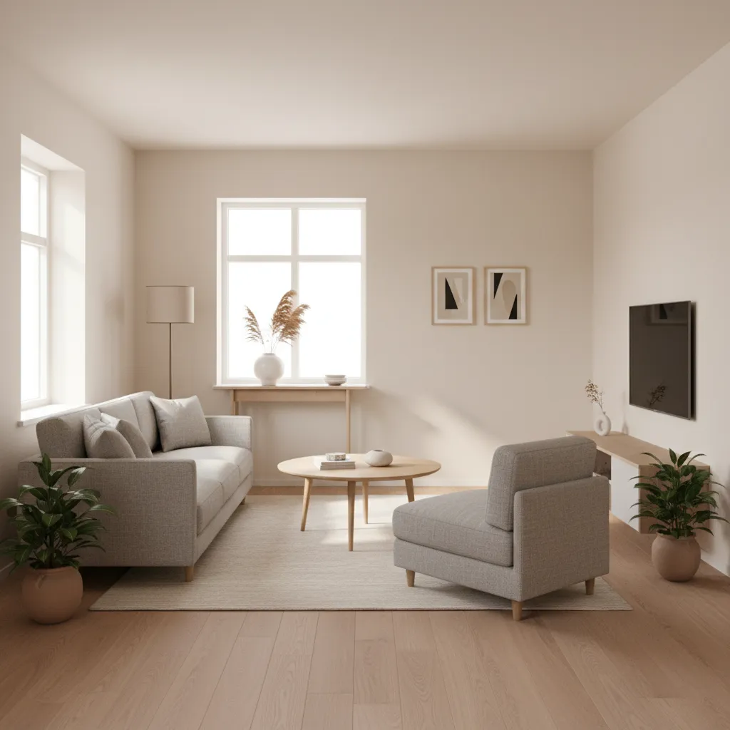 Round centre table improving circulation in a small modern living room