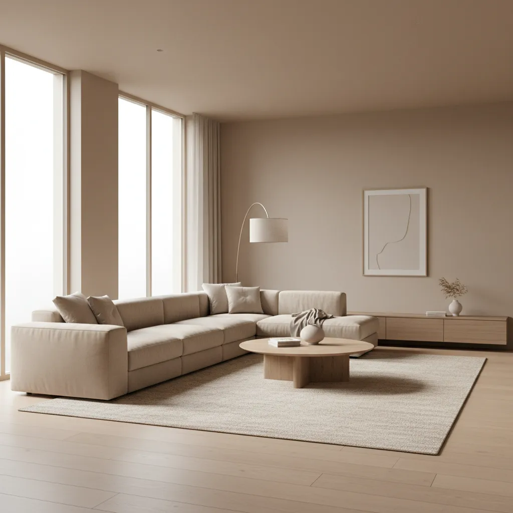 Round coffee table placed with an angled sofa in a modern living room
