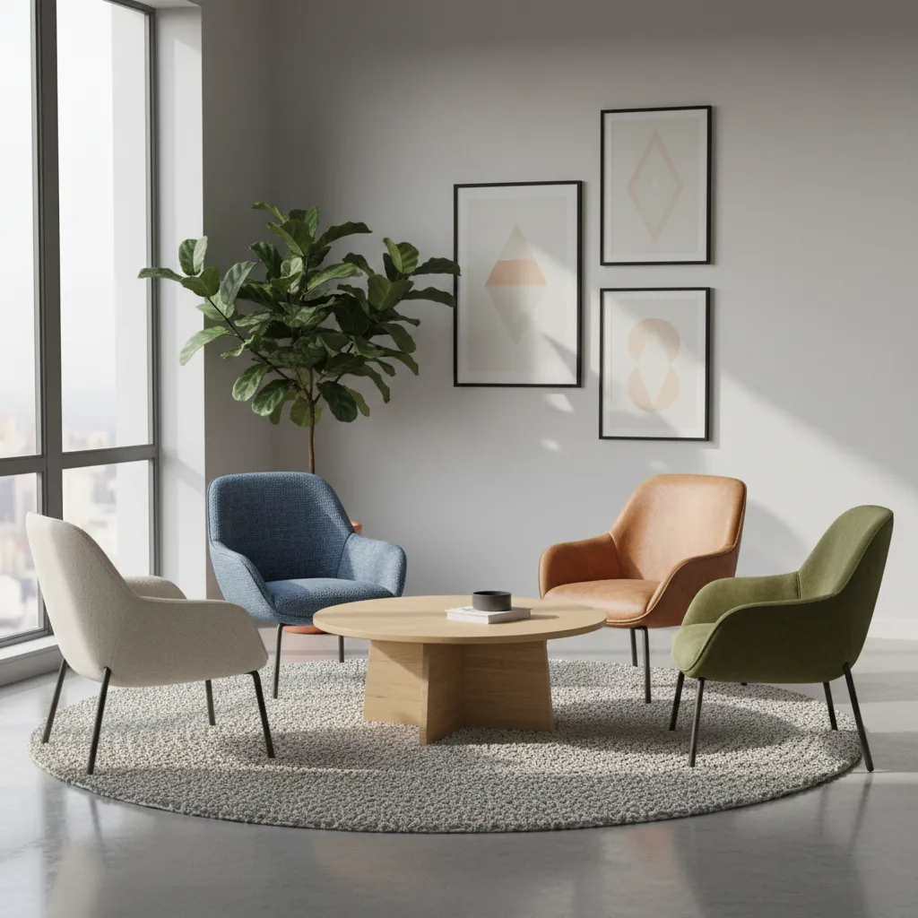 Round coffee table anchoring four chairs in a small living room