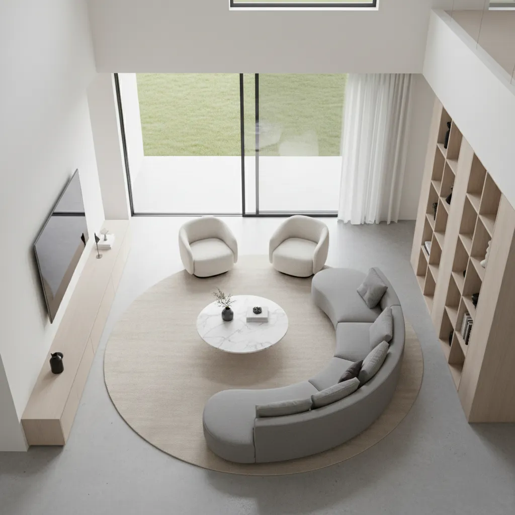 High angle living room with curved grey sofa white armchairs and round marble coffee table