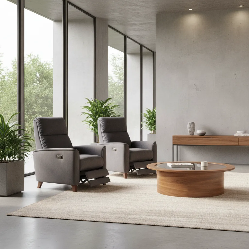 Round coffee table layout with two recliner chairs angled toward each other