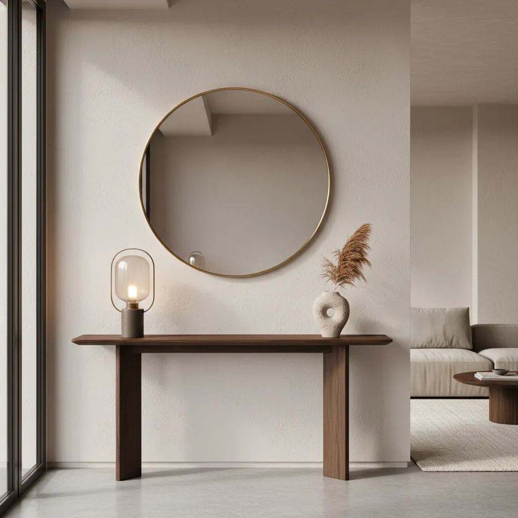 Round mirror positioned above a console table in a living room