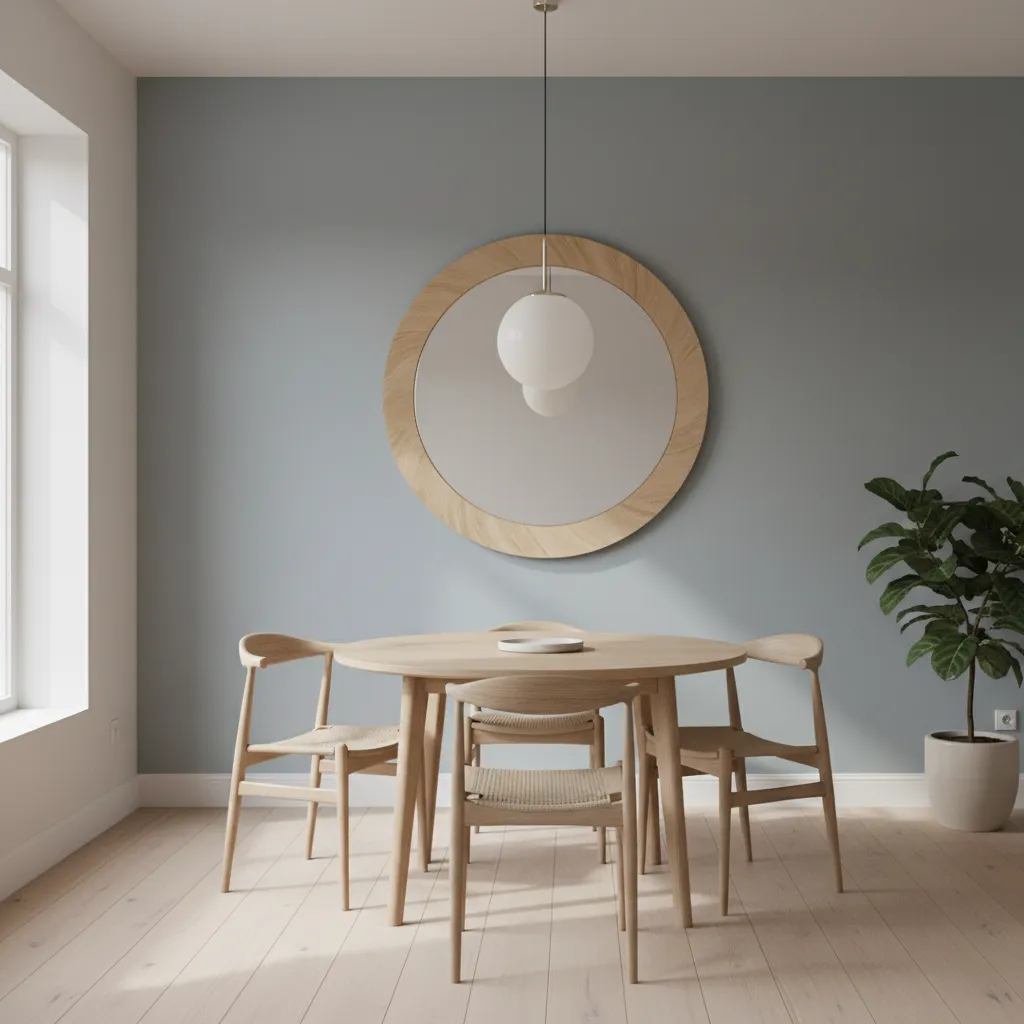 modern dining room with large round mirror above dining table