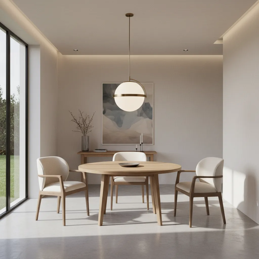 Round dining table with two captain chairs opposite each other and side chairs between