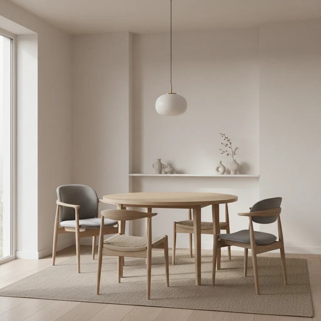 Round dining table with two captains chairs and side chairs showing spacing