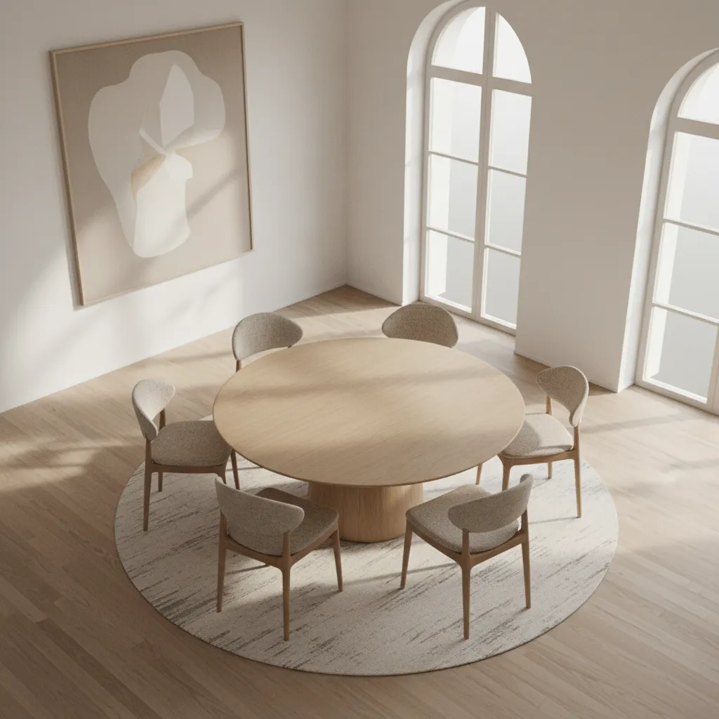 Top angle showing circulation space around a round dining table