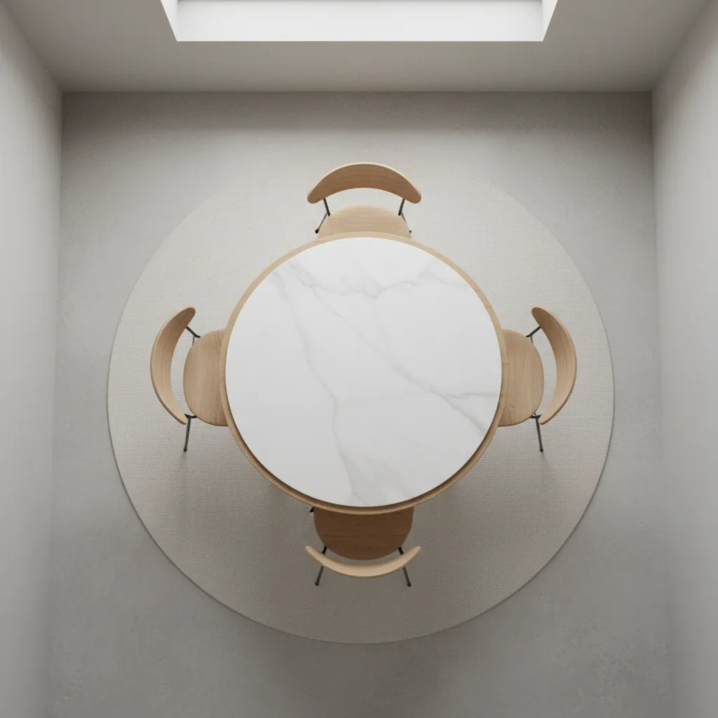 diagram showing clearance space around a round dining table in a small dining room