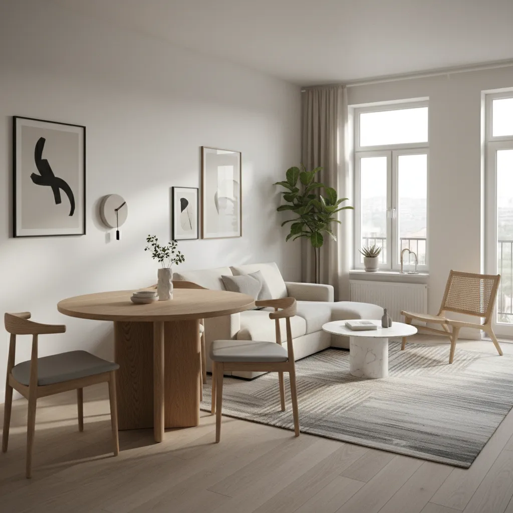 round dining table placed inside a small modern living room layout