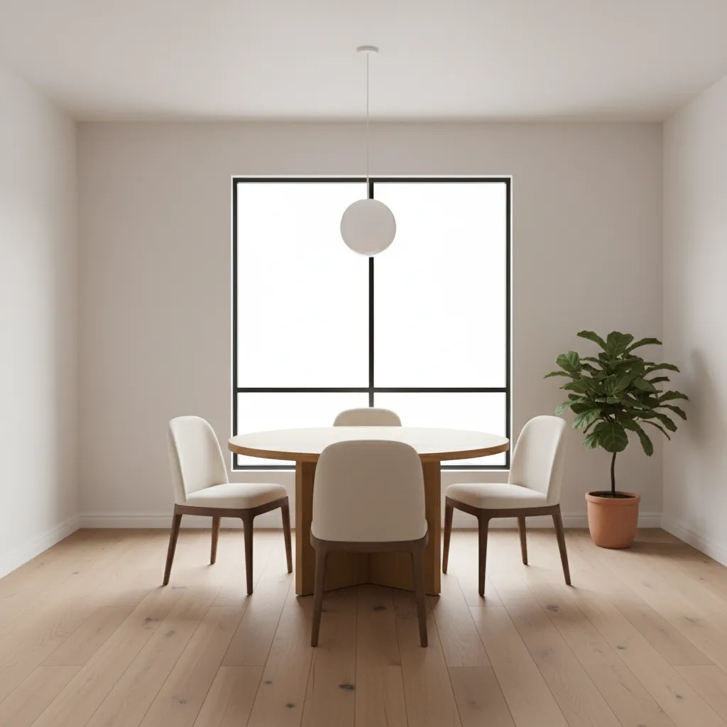round dining table centered in a small square dining room layout