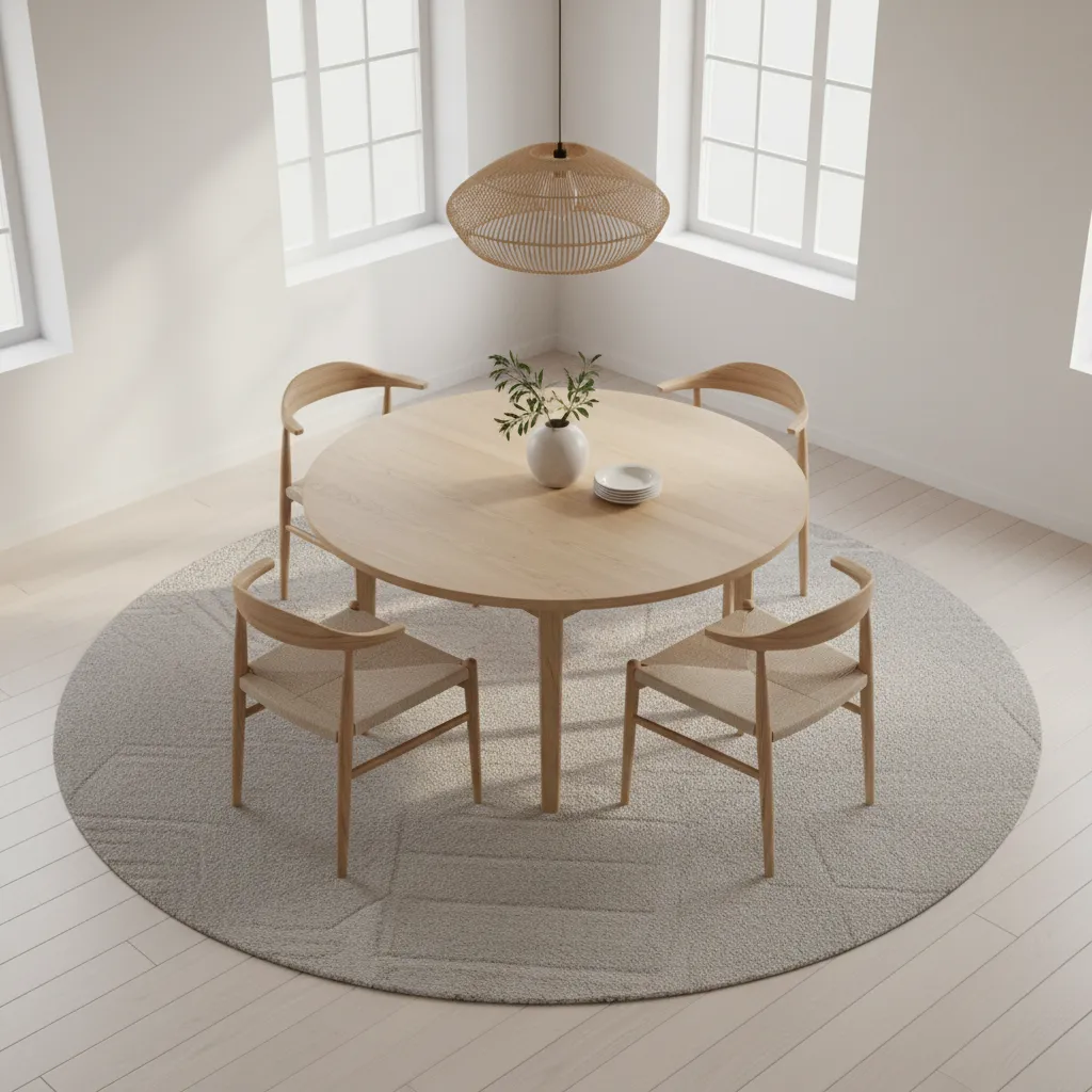 round dining table centered on large round rug with evenly spaced chairs