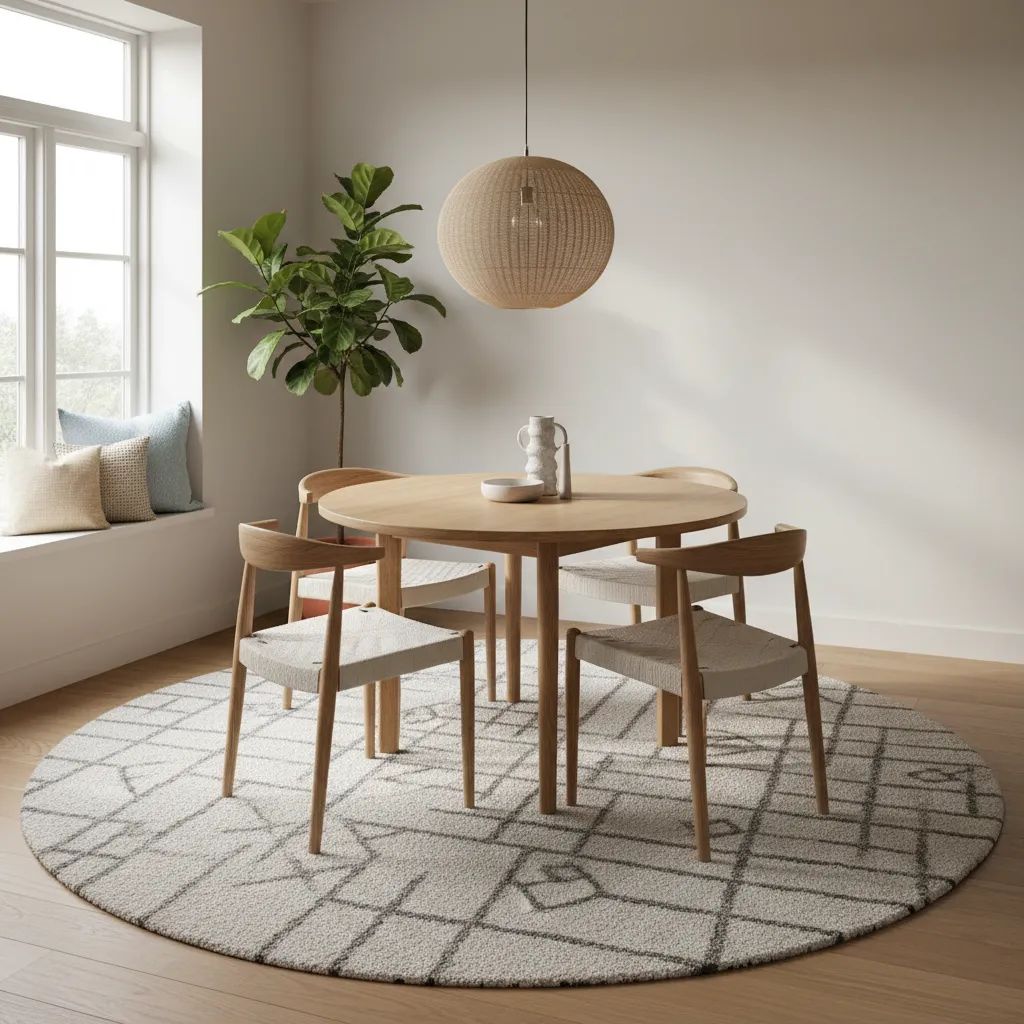 Round dining table centered on large round rug in modern breakfast nook