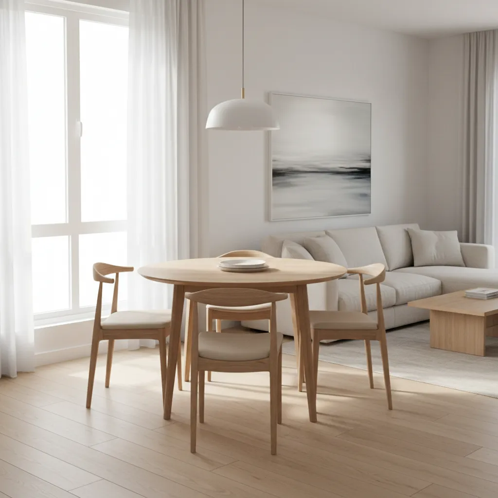 Compact round dining table for four in small apartment living dining room