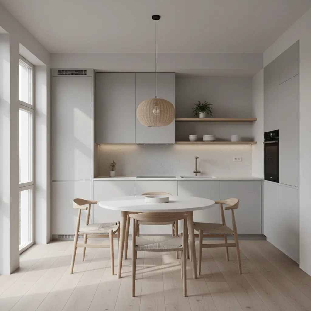 Round dining table improving circulation in a small kitchen layout