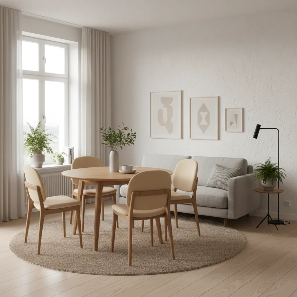 Modern apartment interior with round wooden dining table, grey sofa, circular rug, and floor lamp