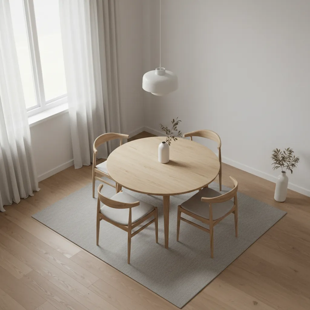 round dining table in small square dining room with clear walking space